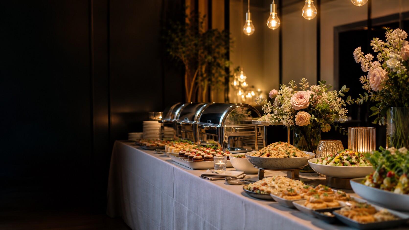 A long buffet table of chafing dishes and warm trays under pendant lights at an evening event